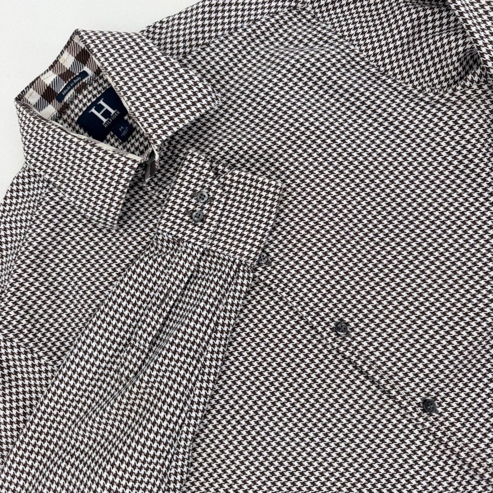 H Hilfiger Button Down Shirt Mens Medium Brown Houndstooth Italy Vintage 2004